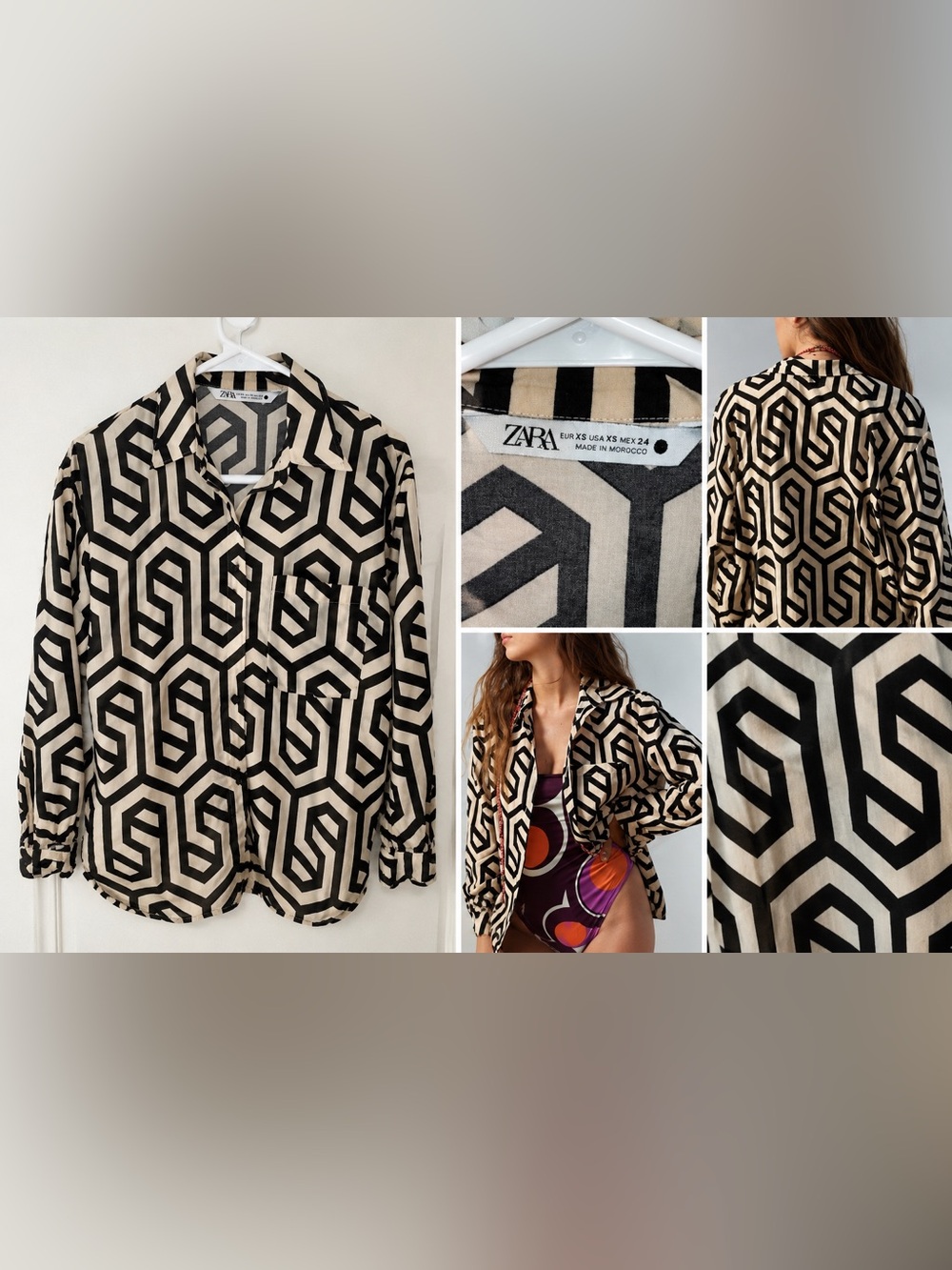 Zara Geometric Print Button Down Shirt XS Black Cream Lightweight Blouse